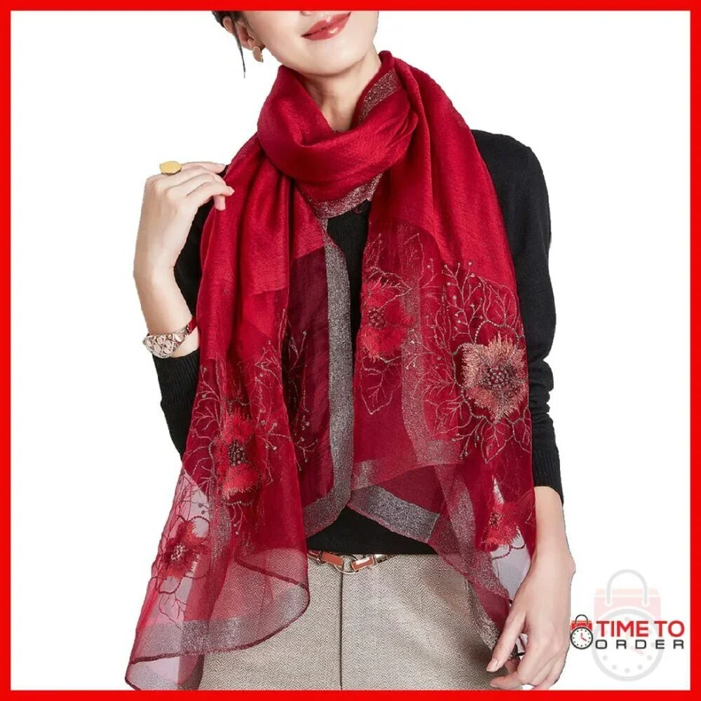 Extra Long Large Silk Blend Scarf Shawl Wrap Embroidered Floral Pattern